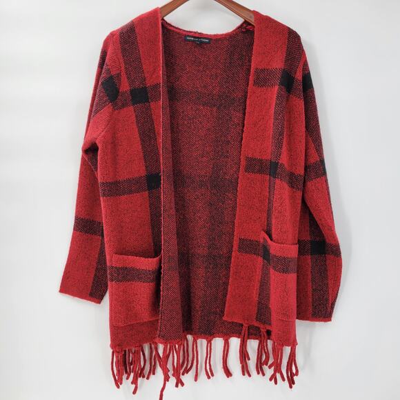 Adrienne Vittadini Womens Sweater Medium Red Plaid Cardigan Fringe Open Front - Picture 1 of 12